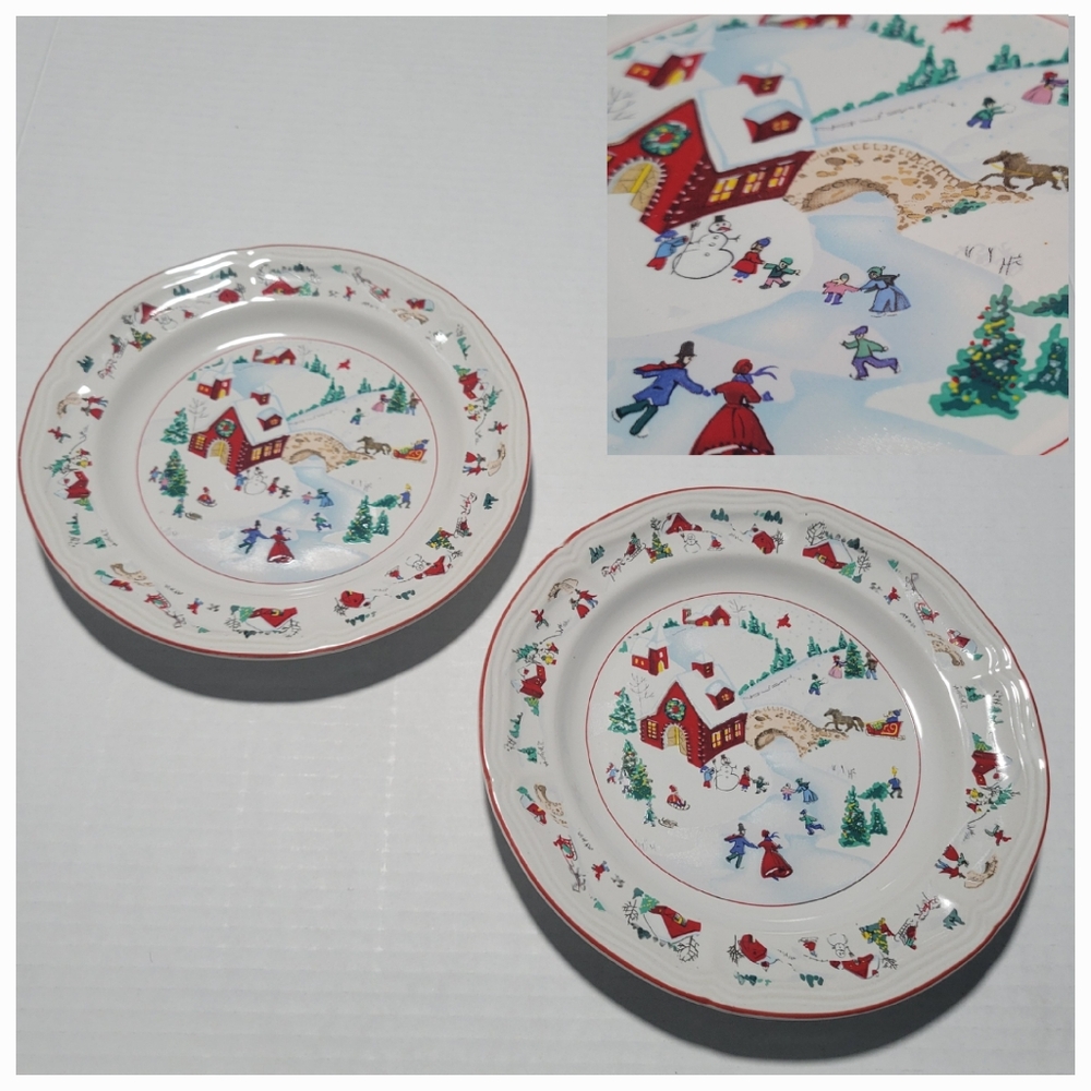 Set of 2 Farberware 1995 White Christmas Serving Plate Dessert or Salad